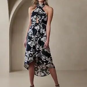 Banana Republic Floral Halter Neck Dress - Black and White size 6